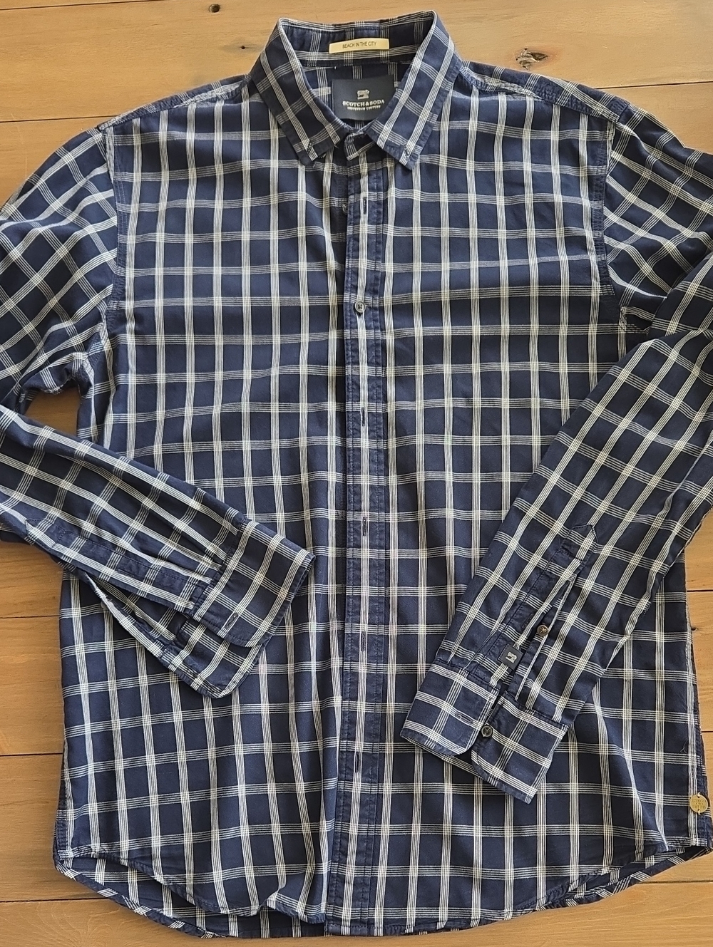 Scotch & Soda Mens Navy Plaid Long-Sleeve Button-Up Shirt